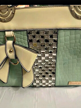 Julia & Michael Crocodile-Embossed Bow Tote in Green & White Like New